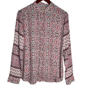 LOFT Ann Taylor Womens M Mixed Print Boho Floral Button Front Longsleeve Blouse